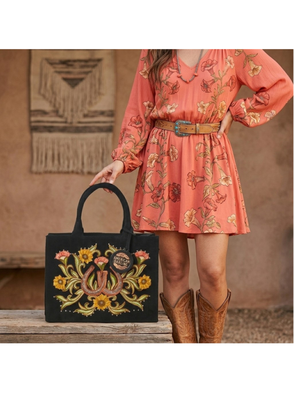 American Darling Western Lucky Horseshoe Trumpet flower Suede Tote Bag